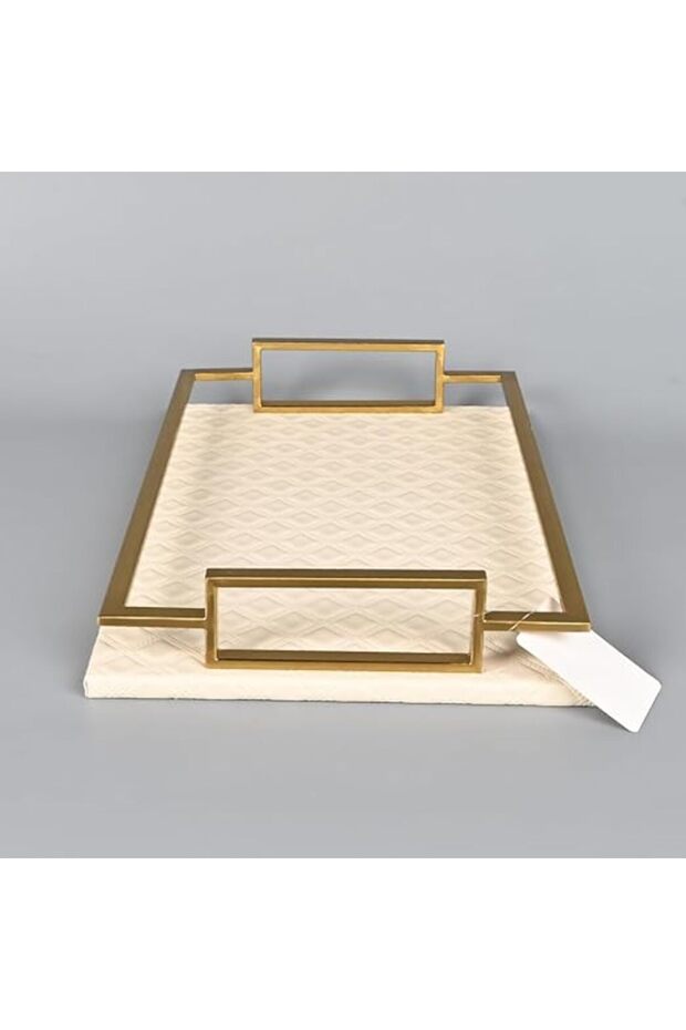 Rectangular Serving Tray Beige Leather with Copper Frame 40x26 cm - 3