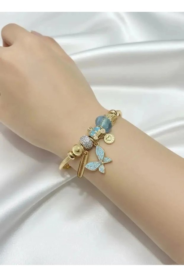 316L Tarnish Free Steel Wire Wrap Bracelet Zircon Stone Gold Color Blue Butterfly Charm Bracelet