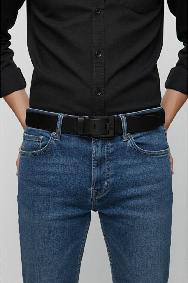 Black 100% Genuine Leather Men's Belt Black Buckle Thick Tongue Adjustable Domestic Production 2502655 - 5