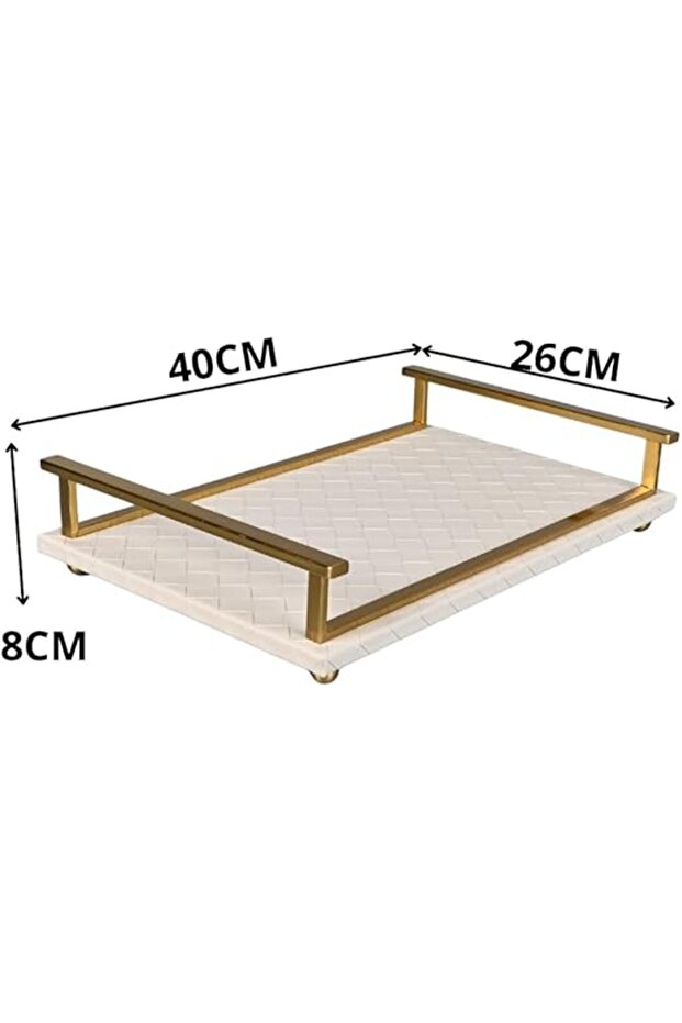 صينية تقديم مستطيلة 40 × 26 سم، مصنوعة من الجلد الرمادي الفاتح بإطار من الفولاذ النحاسي - 4
