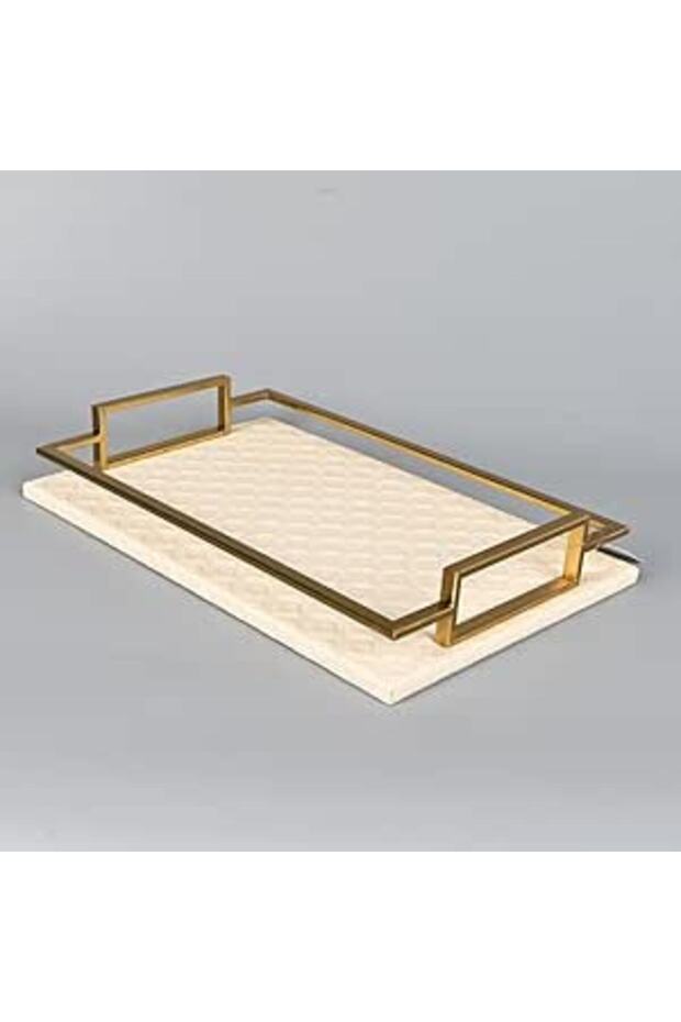 Rectangular Serving Tray Beige Leather with Copper Frame 40x26 cm - 1