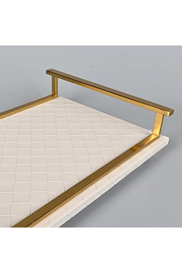 صينية تقديم مستطيلة 40 × 26 سم، مصنوعة من الجلد الرمادي الفاتح بإطار من الفولاذ النحاسي - 3