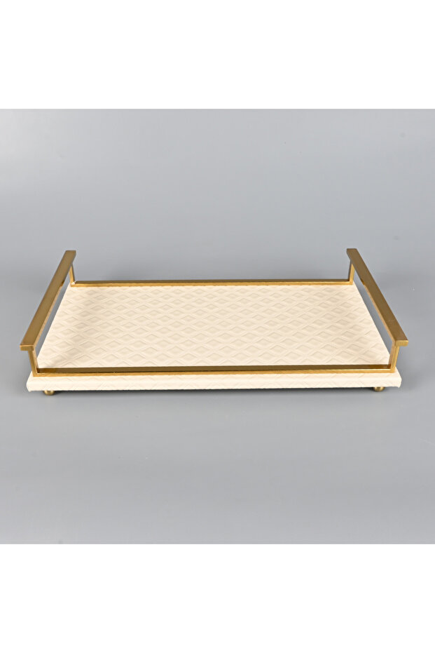 صينية تقديم مستطيلة من الجلد البيج بإطار نحاسي - 3
