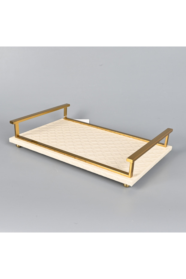 Rectangular Serving Tray 40x26 cm Beige Leather with Copper Frame - 3