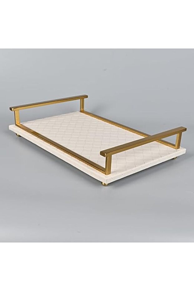 صينية تقديم مستطيلة 40 × 26 سم، مصنوعة من الجلد الرمادي الفاتح بإطار من الفولاذ النحاسي - 2