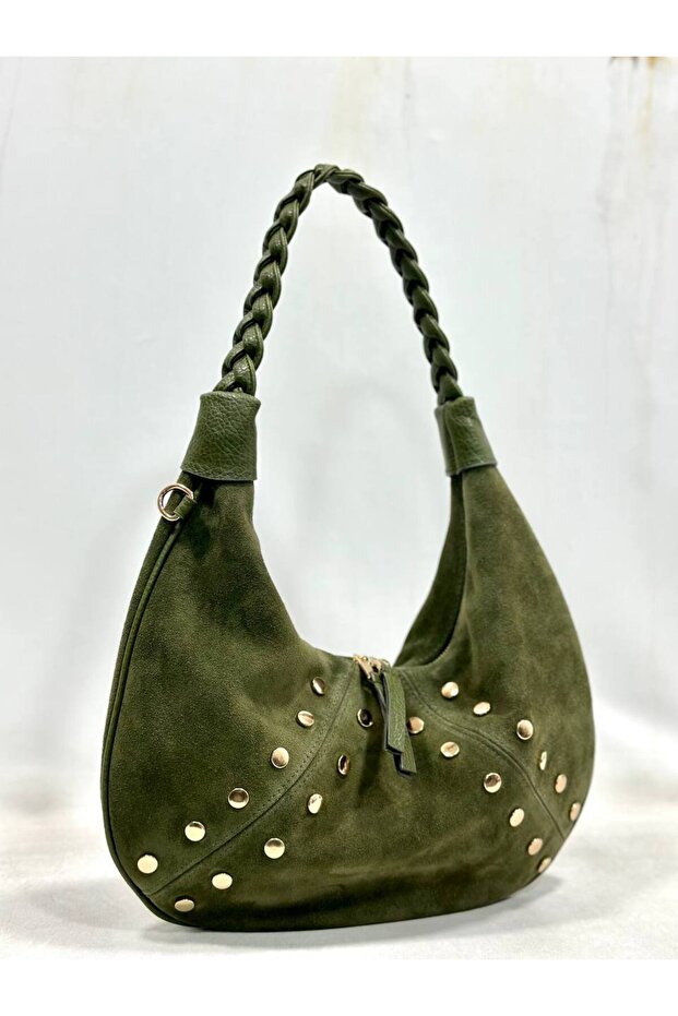 Genuine Suede Leather Women's Baguette Model Shoulder Bag with Studded Details