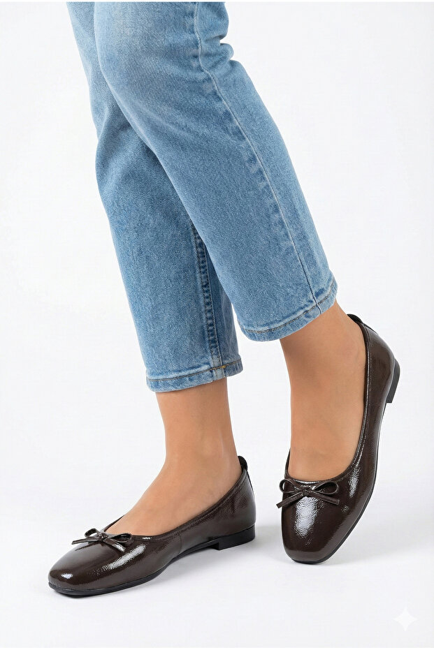 Black Wrinkled Patent Leather Soft Bowknot Stylish Women's Ballet Flats Orthopedic Lightweight Sole Leather Skin - 2