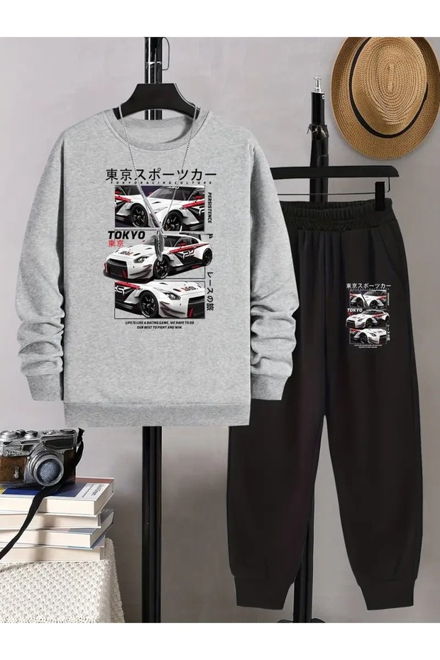 Unisex Tokyo Racing Cars Printed Crew Neck Oversized Bottom-Top Set Jogger Cotton Tracksuit Set - 1