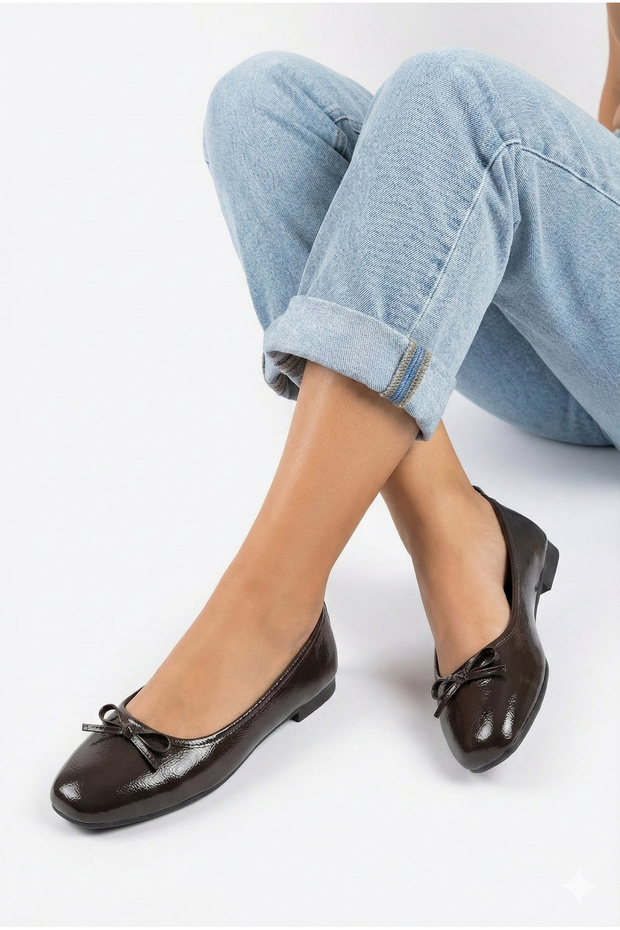 Black Wrinkled Patent Leather Soft Bowknot Stylish Women's Ballet Flats Orthopedic Lightweight Sole Leather Skin - 1