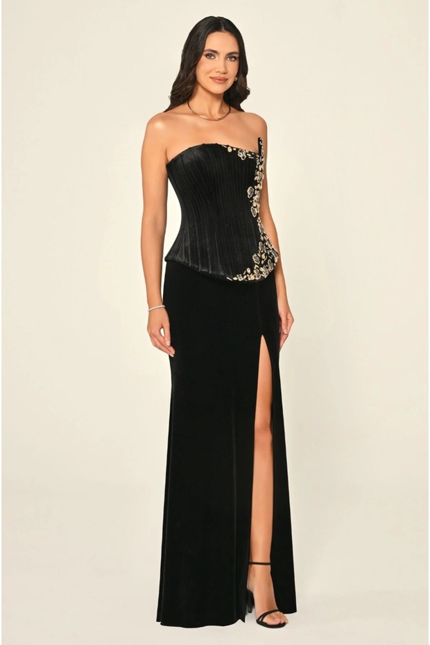 Strapless Top Asymmetrical Cut Corset Stone Velvet Long Dress - 2