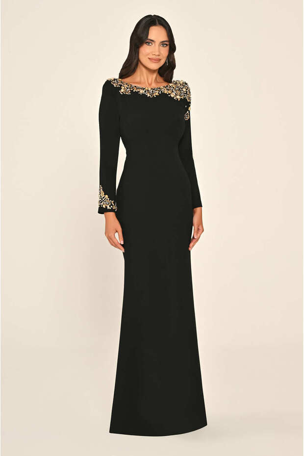 Long Sleeve Stone Low-cut Crepe Long Dress - 2