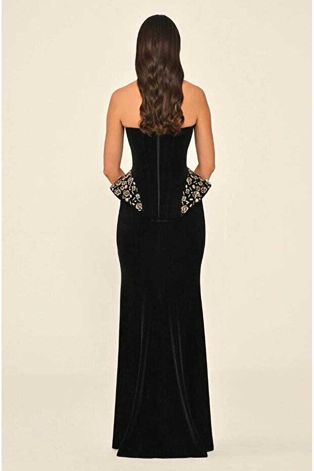 Strapless Velvet Long Dress with Accessories on the Sides and Slits - 4