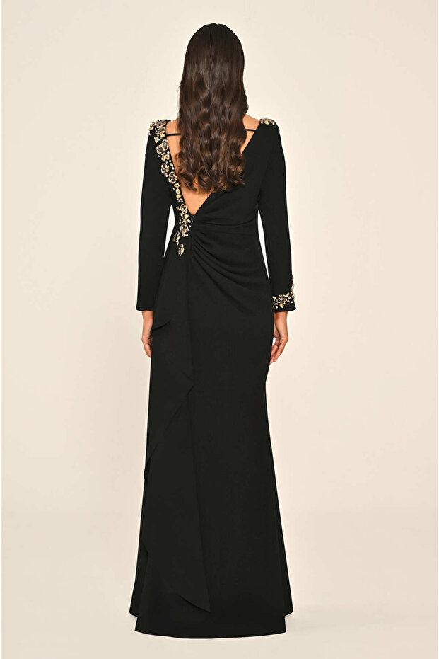 Long Sleeve Stone Low-cut Crepe Long Dress - 4