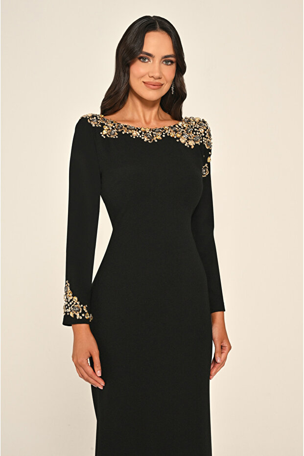 Long Sleeve Stone Low-cut Crepe Long Dress - 3