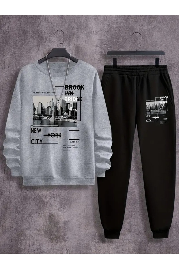 Unisex Ny Brooklyn Printed Crew Neck Oversized Bottom-Top Set Jogger Cotton Tracksuit Set - 1