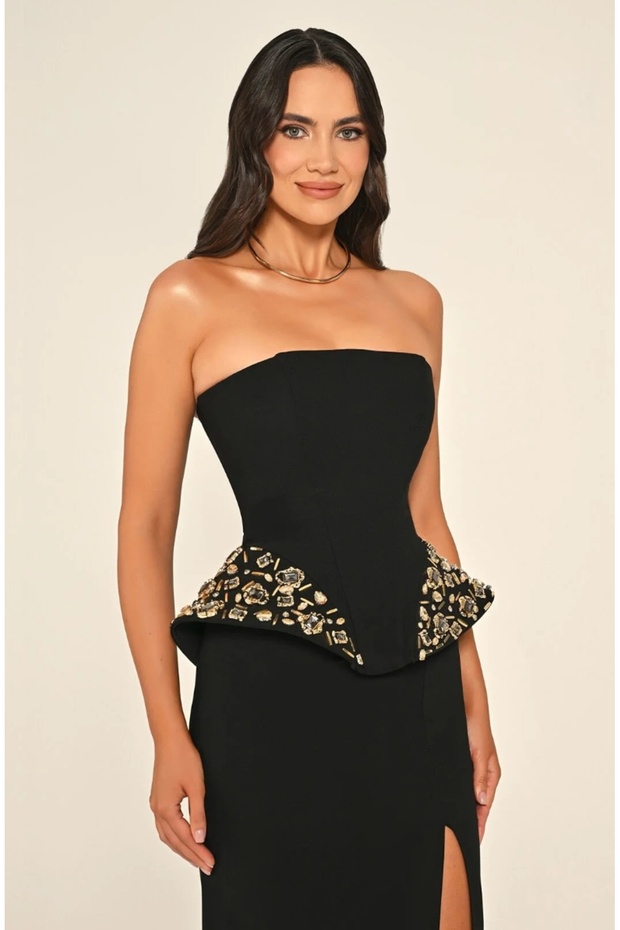 Strapless Side Accessory Slit Crepe Long Dress - 3