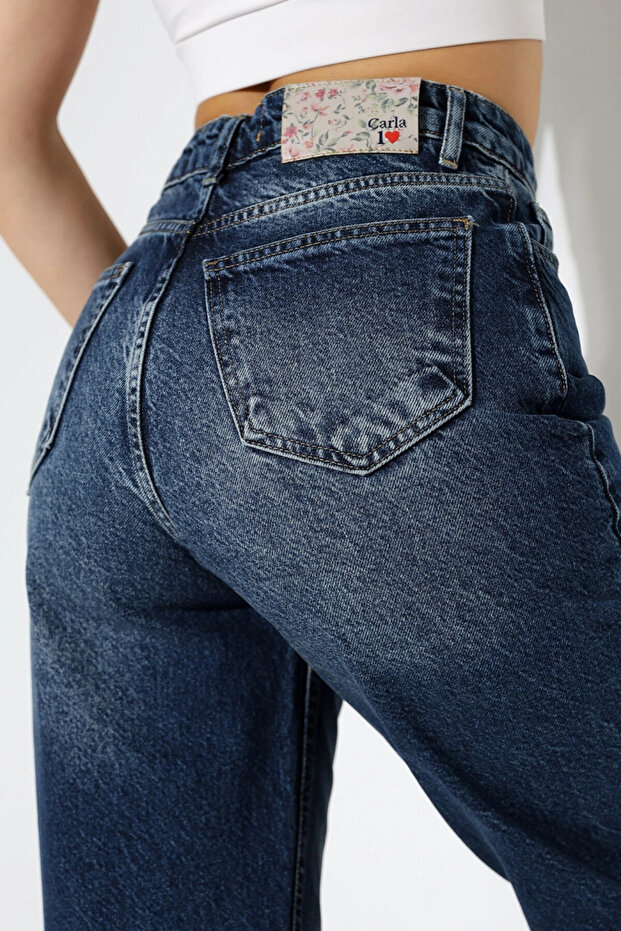 Women's Dark Blue High Waist Straight Leg Jeans - 5