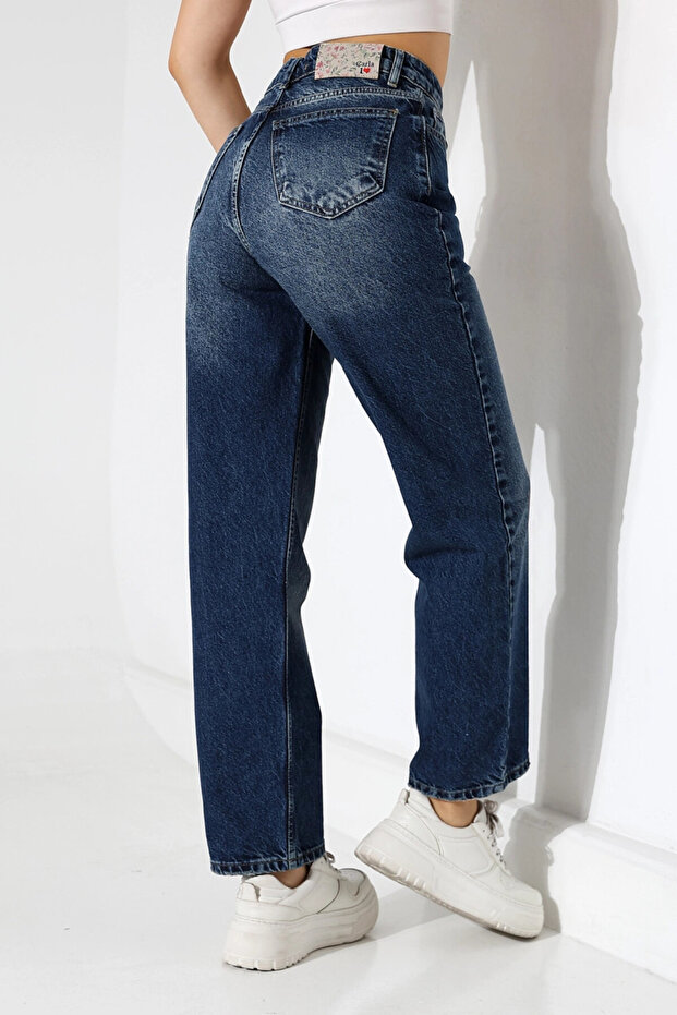 Women's Dark Blue High Waist Straight Leg Jeans - 3