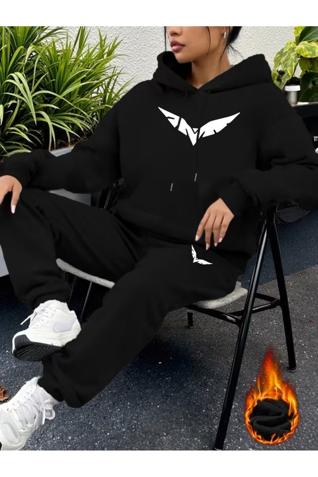 Women's Casual Fleece-Lined Hooded and Sweatpants Set - 1