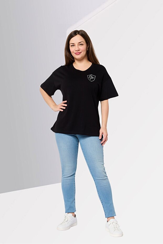 Women Crew Neck Short Sleeve Embroidered Logo T-Shirt, Black - 2
