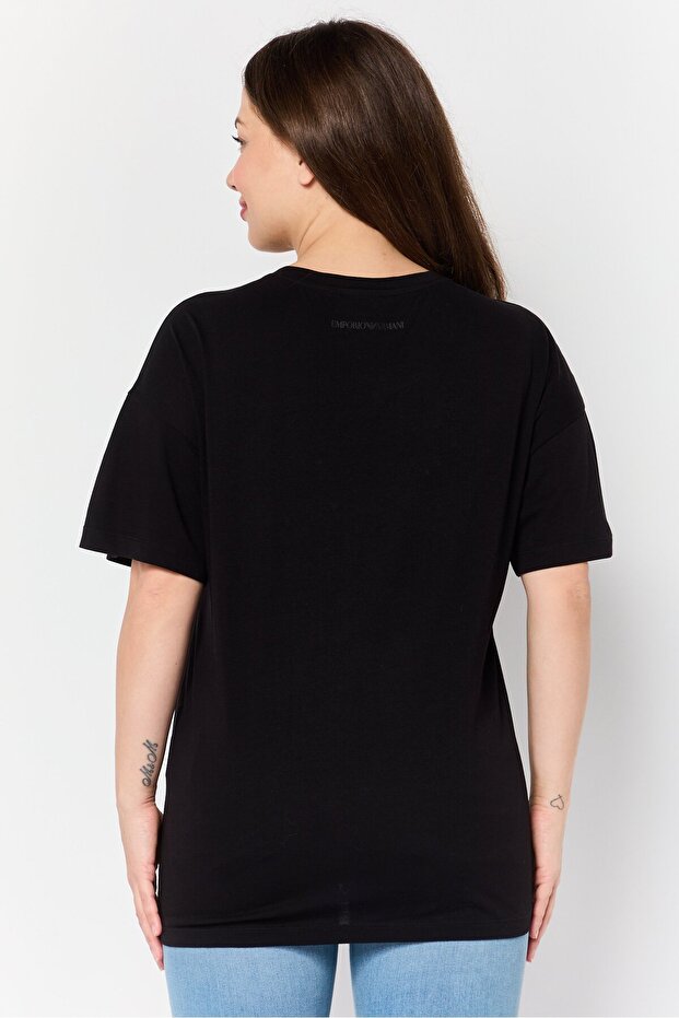 Women Crew Neck Short Sleeve Embroidered Logo T-Shirt, Black - 4