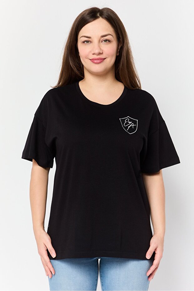 Women Crew Neck Short Sleeve Embroidered Logo T-Shirt, Black - 1
