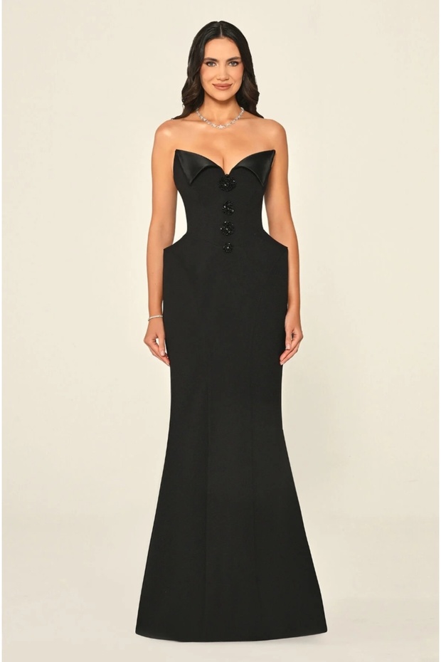 Strapless Beaded Buttoned Crepe Long Dress - 1