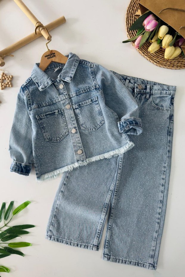 My Little One's Stony Pocket Detailed Girl's Jeans Set - Light Blue