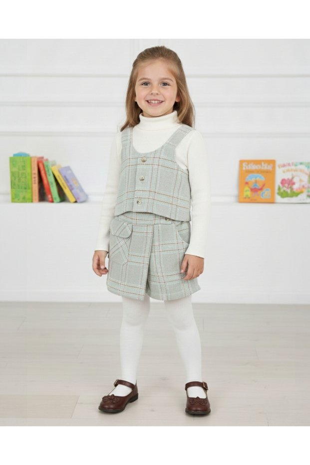 Girl's 5-9 Years Old Half Turtleneck, Plaid Pattern Vest and Shorts Skirt Girl's Suit