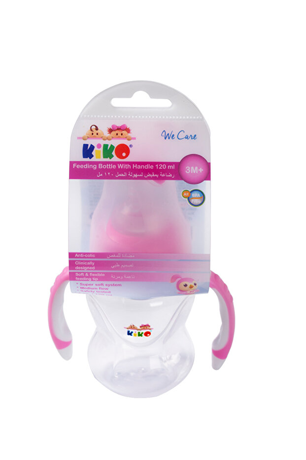 FEEDING BOTTLE WITH HANDLE 120ML WITH SILICON NIPPLE-Pink