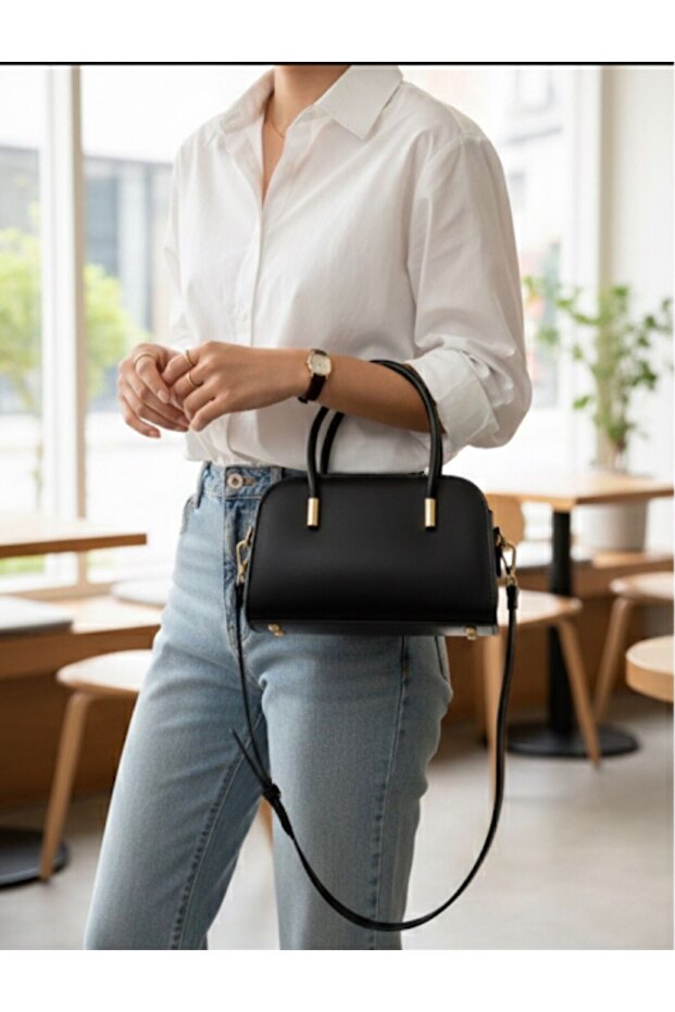 Women's Black Oval Hand and Shoulder Bag - Minimalist Baguette with Gold Detail Adjustable Strap
