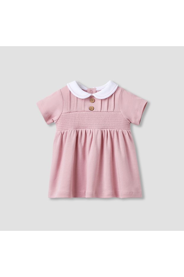 Girls A-line Dress with Smock Detail - Cotton - Short Sleeves - Peter Pan Collar