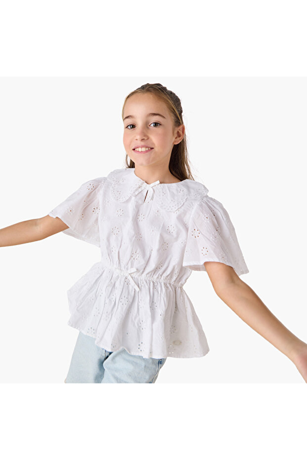 Schiffli Detail Peplum Top with Flutter Sleeves
