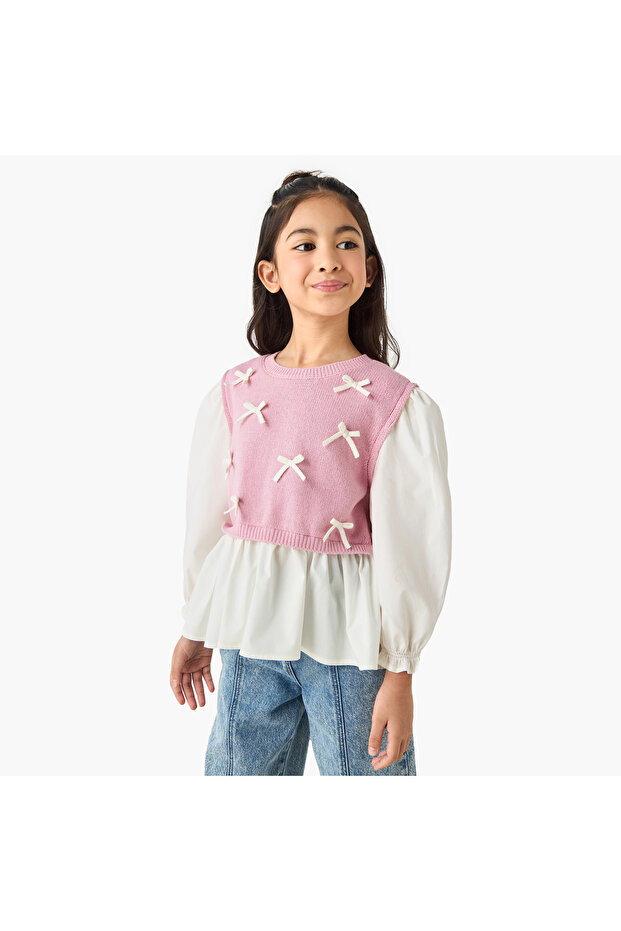 Girls Peplum Top with Bow Accent - Cotton Blend - Long Sleeves - Round Neck
