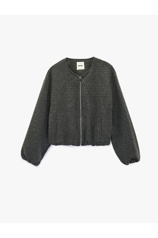 Long Sleeve Crew Neck Crop Rhinestone Embellished Bomber Jacket with Pockets