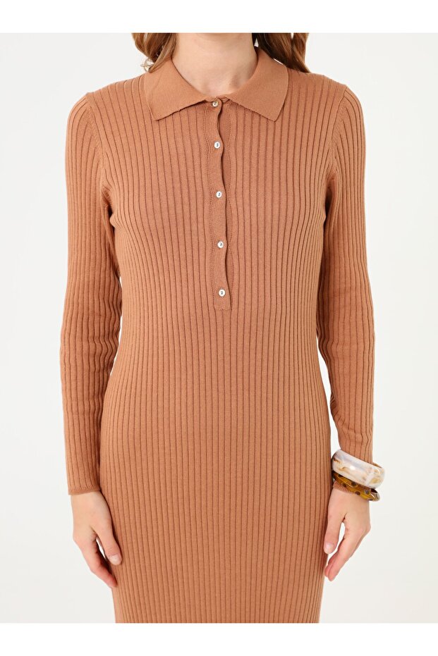 Basic Triko Tesettür Elbise - Camel - - 2