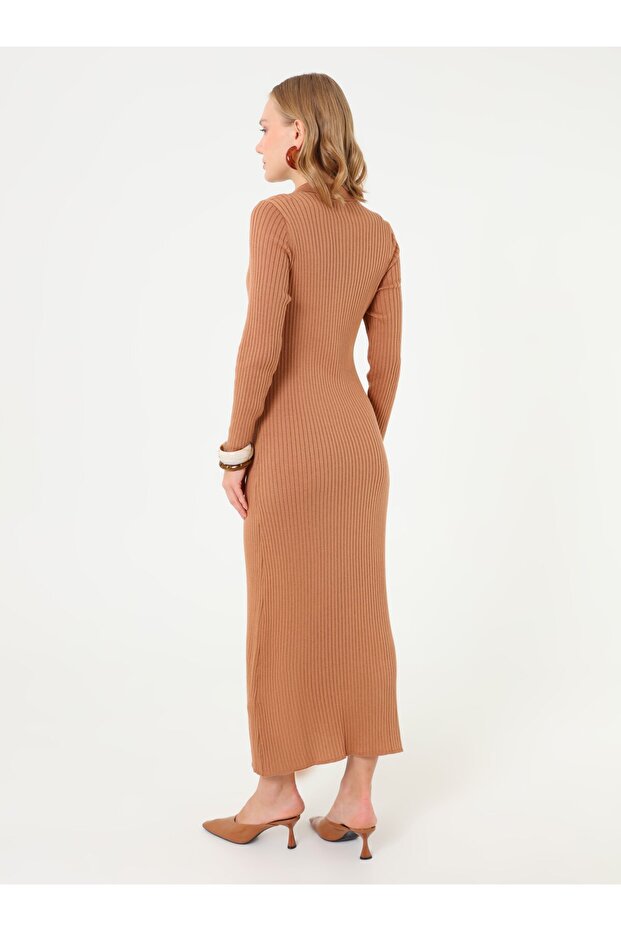 Basic Triko Tesettür Elbise - Camel - - 4
