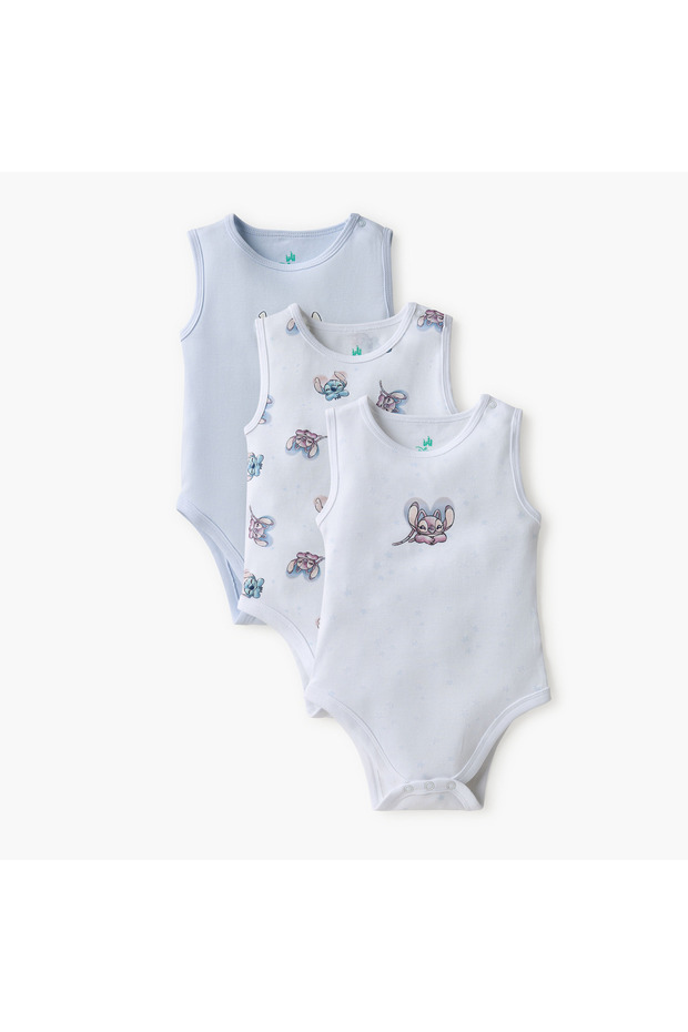 Stitch and Angel Print Sleeveless Bodysuit with Button Closure - Set of 3
