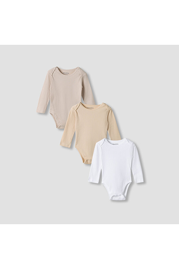 Round Neck Bodysuit with Snap Button Closure - Cotton - Long Sleeves - Set of 3