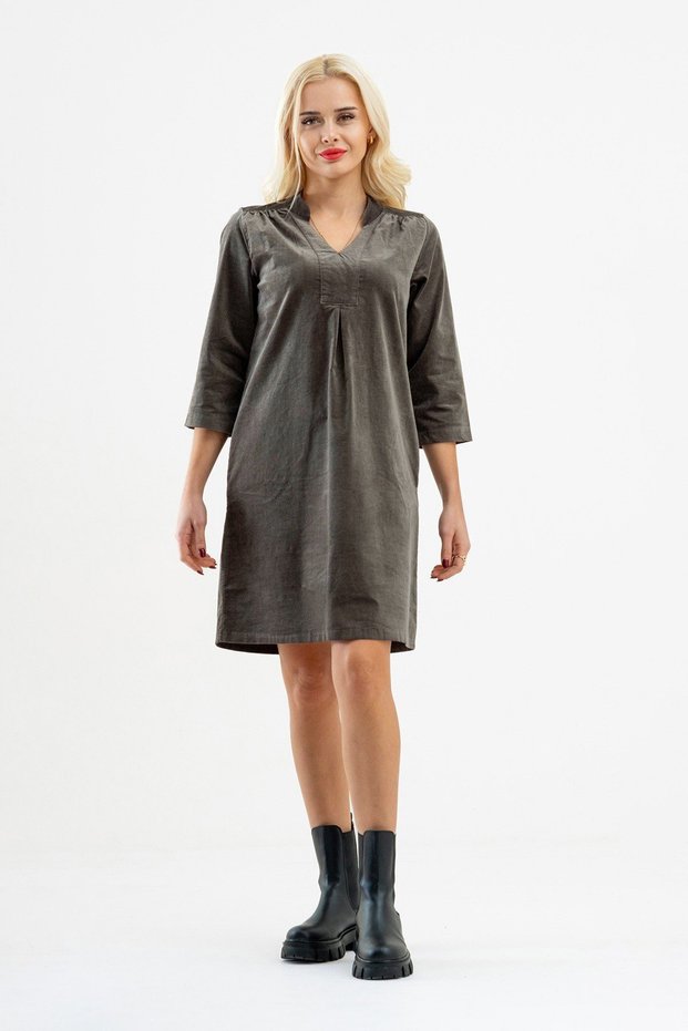Plain Khaki Velvet Pocket V-Neck 3/4 Sleeve Women Dress