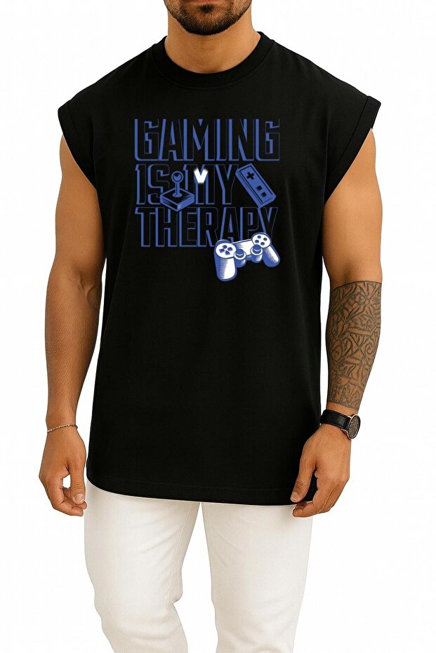 قصة فضفاضة Gaming İs My Therapy Göğüs B مطبوع Atlet