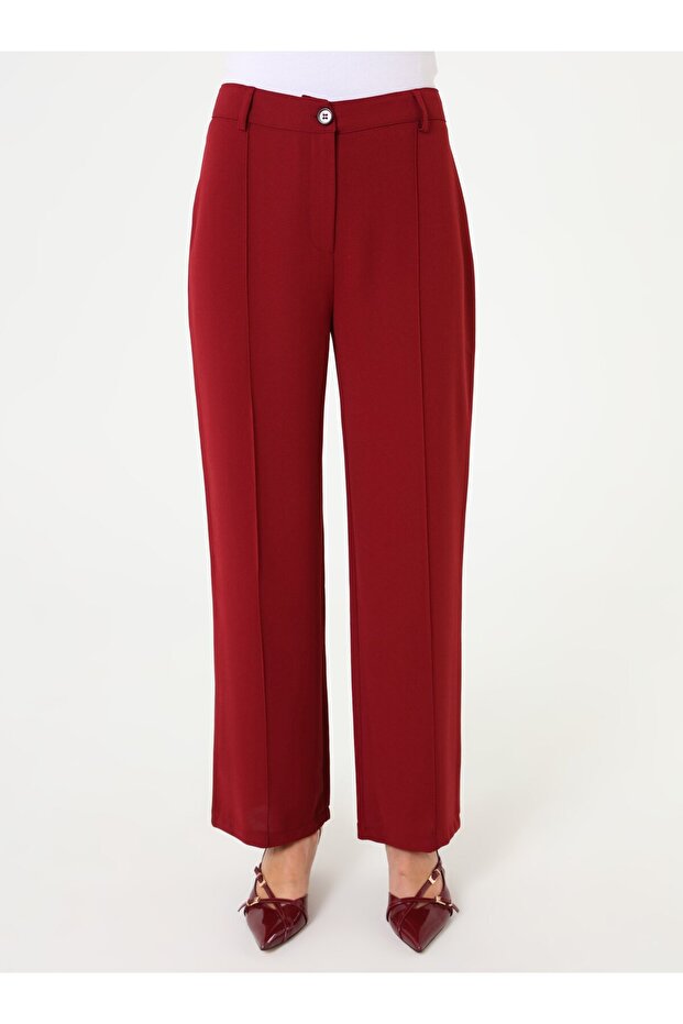 Önü Nervür Detaylı Basic Pantolon - Bordo - - 3