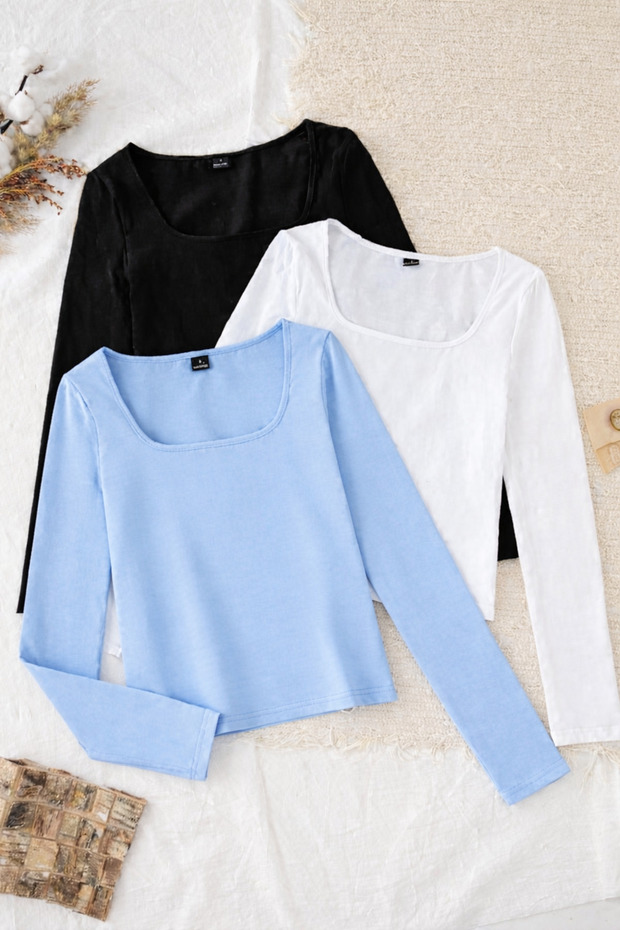 3Pcs Square Neck Basic Solid Fabric Long Sleeve Stretch Fabric Blouse - 1