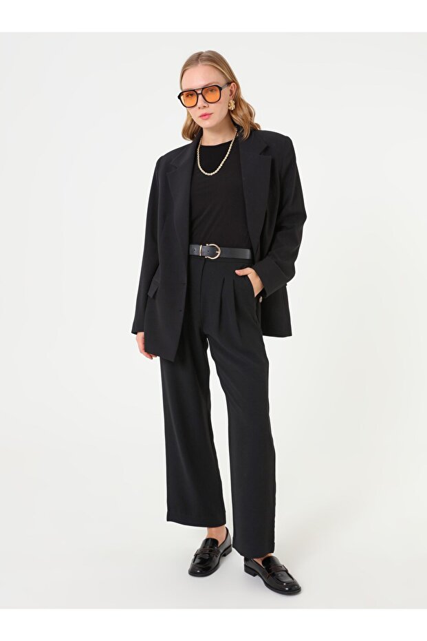 Önü Pile Detaylı Basic Pantolon - Siyah - - 1