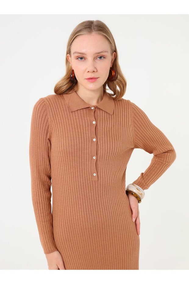 Basic Triko Tesettür Elbise - Camel - - 1