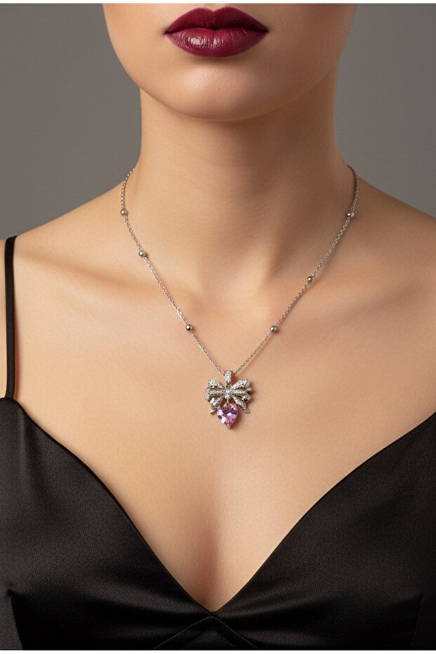 Silver Color Pink Heart Bow Model Steel Necklace