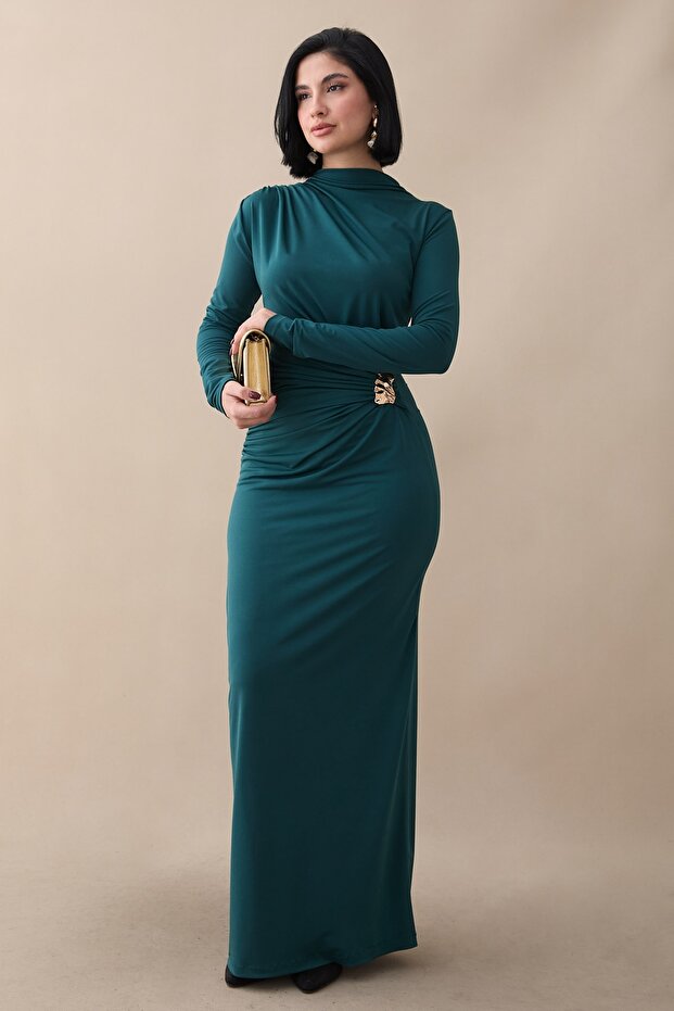 Ruched Side Brooch Emerald Green Sandy Dress