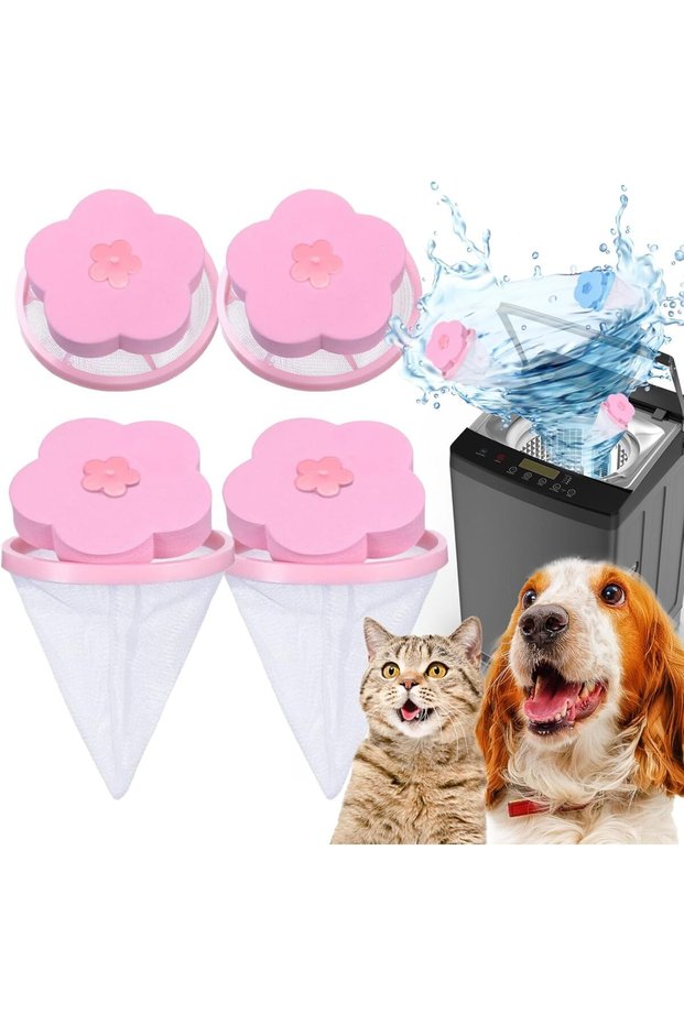 4 Pcs Pet Hair and Lint Remover for Washing Machine,Reusable Mesh Filter Bags for Laundry,Pink