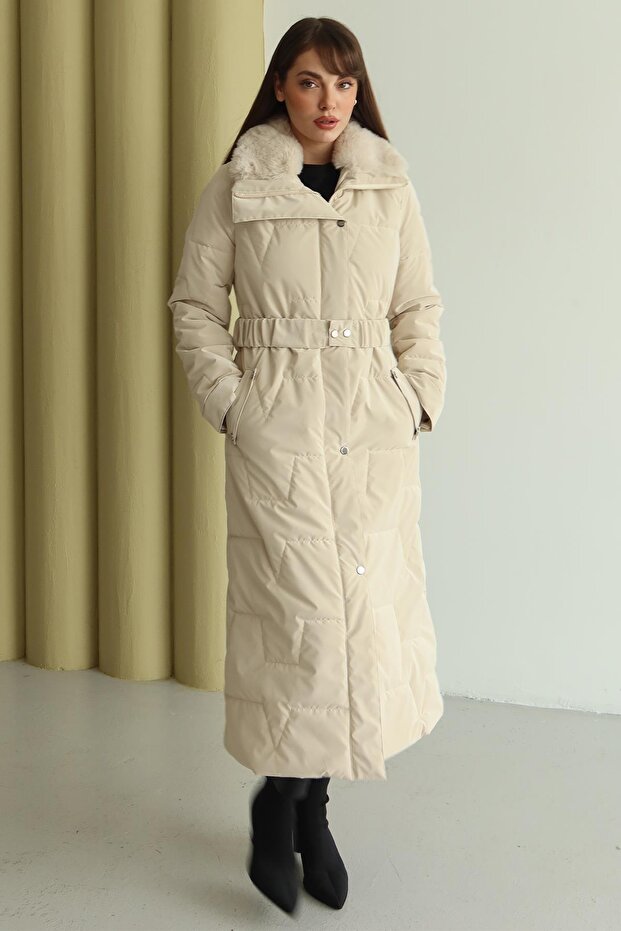 Fur Collar Detailed Zipper Patterned Quilted Long Coat Ecru 6801