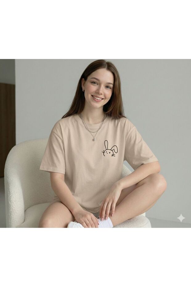 Women's Rabbit Printed Oversized Beige Tshirt